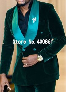 Yakışıklı Damat Smokin Kruvaze Koyu Yeşil Kadife Şal Yaka Groomsmen İyi Adam Suit Erkek Düğün Takımları (Ceket + Pantolon + Kravat) J685