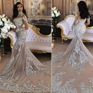 Luxury 2018 русалка свадебные платья свадебные с длинными рукавами с длинными рукавами высокой шеи блестящие шампанское кружево