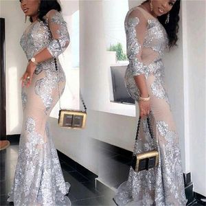Afrika Plus South Boyut Gece Elbise Seksi Sier Dantel Aplike Prom Gowns Denizkızı Sheer Uzun Kollu Parti Vestidos