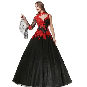 Siyah ve Kırmızı A-line Vintage Gotik Gelinlik Uzun Kollu Boncuklu Dantel Kat Uzunluk Beyaz Gelin Kıyafeti Satılık