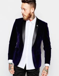 2018 Yeni Varış Bir Düğme Lacivert Kadife Blazer Groomsmen Suit Balo Damat Smokin Mens Düğün Takımları Özel Made Ceket + Pant