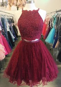 Burgundy Lace Short Homecoming Dresses Two Pieces Beads Skirt Cocktail Party Dress Arabic Mini Prom Gowns Graduation Dress