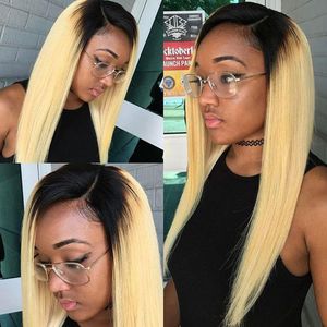 Brazilian Straight Ombre Blonde Top Closure with Bundles 1B/613 Dark Root Virgin Hair Weave 3 Bundles with 4x4 Lace Closure Hair Extension