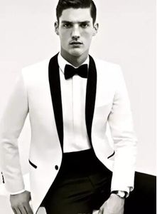 Erkekler Ucuz Bir Düğme Damat Ceket Ücretsiz Ücret Bow Tie İçin Yakışıklı Beyaz Düğün Smokin Slim Fit Siyah Şal Yaka Suits