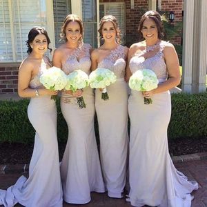Ucuz Arapça Denizkızı Nedime Elbiseleri Bir Omuz Beyaz Aplike Dantel Kişilik Saten Uzun Düğün Gust Elbise Onur Önlükleri Hizmetçisi