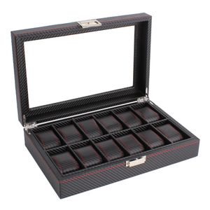 OUTAD 12 Slots  Carbon Fiber Watch Box Jewelry Watch Display Storage Holder Rectangle Black Leather Case