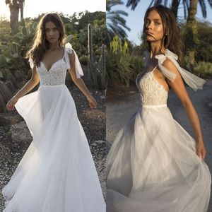 Boho Beach Berta Elbiseler Spagetti Tatlım Dantelli Aplike Boncuklu İnciler Gelin Gowns Bohem Ucuz Gelinlik