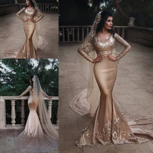 Benzersiz Şampanya Mermaid Gelinlik Dantel Sheer Uzun Kollu Gelin Törenlerinde Sweep Tren Dubai Arapça Düğün Vestidos Custom Made