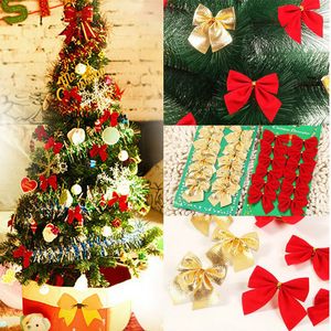 12 pcs set Christmas Bowknot Decoration Gold Silver Red Christmas Tree Ornament Hanging Bow Festival Party Decor Supplies