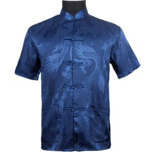 Top Vogue Navy Blue Men's Silk Satin Shirt Top Chinese Vintage Short Sleeve Garment  Tang Suit S M L XL XXL XXXL