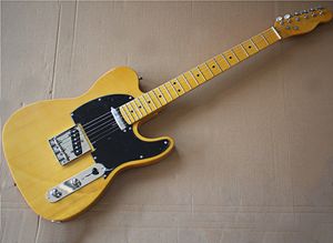 Фабрика оптом Желтая электрическая гитара желтой бассовой древесины с черным пикавтором, желтым кленовым шеей и фартом, хром хард