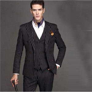 Latest Black White Stripe Men Suit Slim 3Piece Tuxedo Groom Suits Custom Made Prom Blazer Terno Masculino(Jacket+Pant+Vest+Tie)