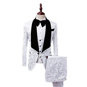 Beyaz Jakarlı Erkek Düğün Smokin Siyah Kadife Yaka Bir Düğme Damat Smokin Erkekler Balo / Akşam Yemeği 3 Parça Suit Blazer (Ceket + Pantolon + Kravat + Yelek) 360