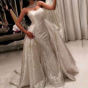 Gümüş Payetli Lüks Abiye Sevgiliye Kolsuz Mermaid Kırmızı Halı Abiye Ayrılabilir Tren Ile Geri Fermuar Custom Made Gowns