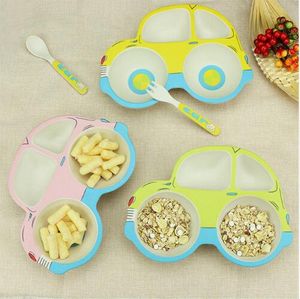 Bamboo Fiber Child Tableware Set Food Container Cartoon Car Shape Plates Baby Feeding Dinnerware Plate Dishes Bowl With Spoon