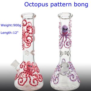 Octopus Pattern Glass Bong Tall 30 cm Kawaii Design Bonger Bongs Riciclar Piatta Olio Cera Acqua Acqua Culla