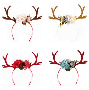 Noel Kafa Elk Deer Boynuzları Kulak Saç Hoop ile Çiçekler Antlers Kostüm Kulak Parti Saç bandı Çiçek Hairband