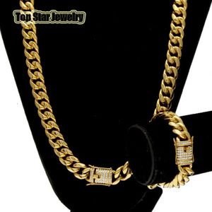 Stainless Steel Jewelry Sets 18K Gold Plated Casting Dragon Clasp W/Diamond Cuban Link Necklace & Bracelet 2pcs Men Curb Chains 10mm/14mm