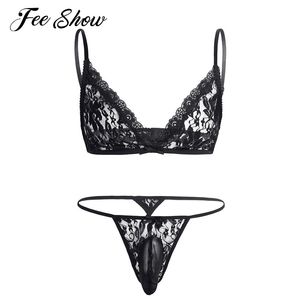 2PCS Sexy Mens Lingerie Floral Lace See-through Nightwear Sleepwear Set Bra Top with G-string with a Bowknot closed penis sheath