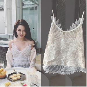 Yeni Moda Kadınlar Seksi 3D Tüy Kanat Patchwork Şifon Spagetti Kayış Tank Top Yelek Kavizozu S M L