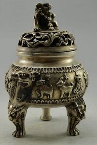 Античный Китай ручной Тибет серебро китайский Зодиак курильница статуя