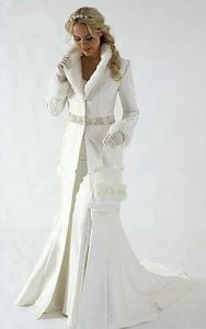 Kat Uzunluk Kadınlar Beyaz / Fildişi Faux Kürk Trim Kış Noel Gelin Pelerin Çarpıcı Düğün Pelerin Kapşonlu Uzun Parti sarar Ceket