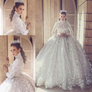 Abiti da sposa di lusso con perline di cristallo Abiti da sposa Abiti da sposa da sposa musulmani con applicazioni di pizzo floreale 3D a maniche lunghe con collo alto