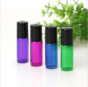 Toptan Kalın 5 ml Pembe / Mavi / Mor / Yeşil / Amber / Temizle Boş Rulo Metal Rulo Ball ile Esansiyel Yağ Parfüm Şişesi için Cam Şişeler