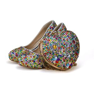 Küçük Rhinestone Mix Renk ile Yüksek Topuk Parti Ayakkabı Kalp Şekli Çanta Düğün Gelin Ayakkabıları Yetişkin Töreni Ayakkabı ile Debriyaj Çanta