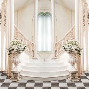 Kapalı Merdivenler Fotoğraf Arka Plan Için Düğün Baskılı Kemer Pencere Taş Sütun Beyaz Çiçekler Fotoğraf Stüdyosu Arka Planında