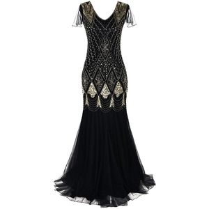 Damen 1920er Jahre Great Gatsby Kleid Langes 20er Jahre Flapper Kleid Vintage V-Ausschnitt Kurzarm Maxi Party für Abschlussball Cocktail