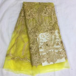 5 metros / pc Maravilhoso amarelo tecido de renda líquida francês com contas e bordados de ouro africano malha de renda para o vestido HS10-10