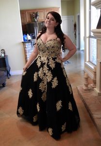 2022 Fashion Black With Gold Lace Applique Plus size Prom Evening Dresses Special Ocassion Dresses Gowns Sweetheart A line Tulle Corset Back