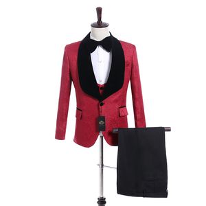 Yeni Stil Groomsmen Kırmızı Desen Damat Smokin Şal Siyah Yaka Erkekler Suits Yan Vent Düğün / Balo İyi Adam (Ceket + Pantolon + Yelek + Kravat) K918