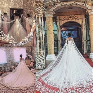 Büyüleyici 2meter Uzun Kollu Gelinlik Mücevher Boyun Boncuk 3D Çiçek Aplike Şapel Tren Gelin Giydirme Moda Dubai Prenses Düğün Dres