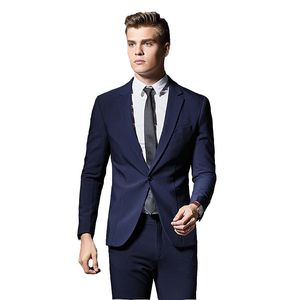 Custom Made One Button Navy Blue Formal Business Meeting Blazer Men Groom 2 Pieces Brand Mens Suit Jacket Slim Fit Clothing Wedding Dress