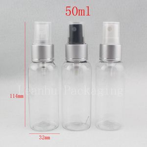 Toptan 50 ml x 50 temizle kozmetik şişe gümüş alüminyum yaka püskürtme pompası 50cc parfüm boş plastik sis püskürtücü şişeleri