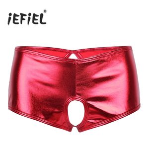IEFiel Lingerie Kadınlar Lingerie Wetlook Açık Popo Faux Deri Crotchless Bikini Kısa Iç Çamaşırı Delik Külot Ile Seksi Seksi