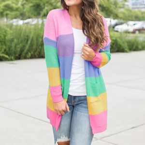 2018 outono senhora camisola de manga longa patchwork de malha aberta frente arco-íris listrado casaco lady camisola senhora cardigan