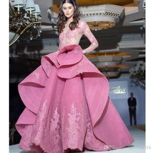 Glamorous Asimetrik Suudi Arabistan Abiye giyim Dantel Aplike Uzun Kollu Tül Balo Elbise Fantasy Couture Balo Abiye