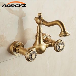 Basin Faucets Antique/Black Brass Wall Mounted Kitchen Bathroom Sink Faucet Dual Handle Swivel Spout Hot Cold Water Tap XT967