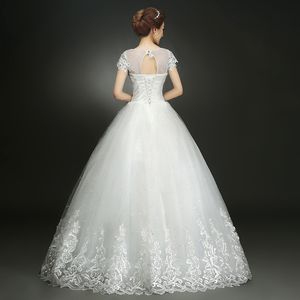 Новый стиль O-образным вырезом с коротким рукавом белое хрустальное украшение кружева материаловое свадебное платье на заказ