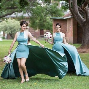 Einzigartige High-Low-Brautjungfernkleider für die Hochzeit 2018, Spitzenapplikationen, ärmellose Trauzeugin-Kleider, günstiges maßgeschneidertes Brautjungfernkleid