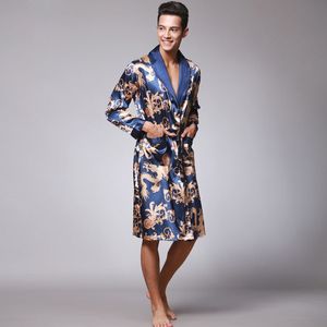Erkek Çin Tarzı Ejderha Bornoz Banyo Ev Uyku Giymek Ipek Saten Yumuşak Nakış Gevşek V Yaka Erkekler Pijama Gecelik Kelime Kimono