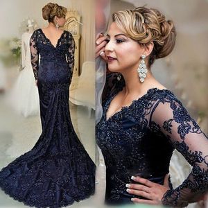 2019 Long Sleeves Navy Blue Evening Dress Mermaid Applique Lace Women Lady Wear Prom Party Dress Formal Event Gown Mother Of The Bride Dress