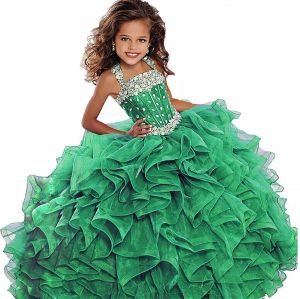 2018 Smaragdgrünes Mädchen-Festzug-Kleid, Ballkleid, lang, türkisfarbene Organza-Kristalle, gerüschte Blumenmädchen-Geburtstagsparty-Kleider für Junioren