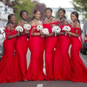 Kırmızı Spagetti Tarzı Uzun Gelinlik Modelleri Düğün Güney Afrika Için Afrika Artı Boyutu Mermaid Hizmetçi Onur Törenlerinde Omuz Nedime Elbisesi