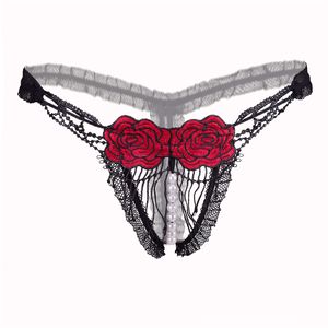 Women's Lace Thong Panties, Sexy Low Waist Hollow Out G String with Bow Pearls Floral Erotic Lingerie