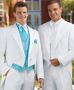 Custom Made Düğün Smokin Çentik Yaka Fildişi Düğün Damat Tailcoat Erkekler Düğün Takım Elbise / Balo / Yemeği Adam Blazer (Ceket + Kravat + Yelek + Pantolon)