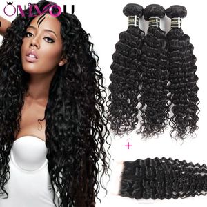 9A Mongolian Waky Winky Curly Water Wak Wave Virgin Hair Virgin 3Bundles com 1 fechamento de renda 100% Extensões de cabelo peruano brasileiras